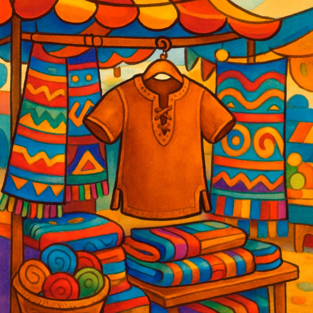 German Bild von einem Gewandständer mit einer Hanfgewandung, aufgestaltet mit bunten und farbenfrohen Mustern.