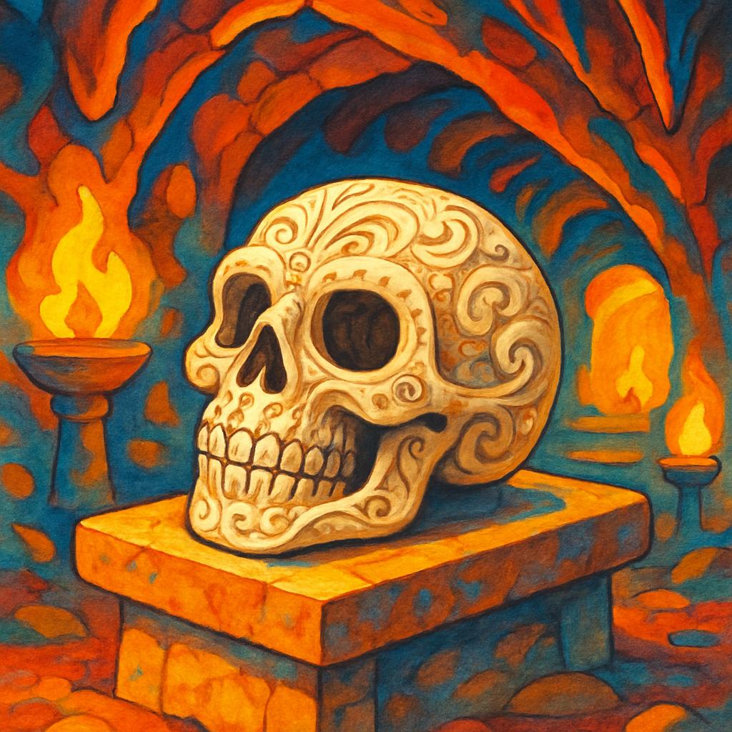 eine farbenfrohe Skull-Landschaft mit einem großen, grinsenden Totenschädel; Blick ins freie Gelände mit beiden Armen Resu...