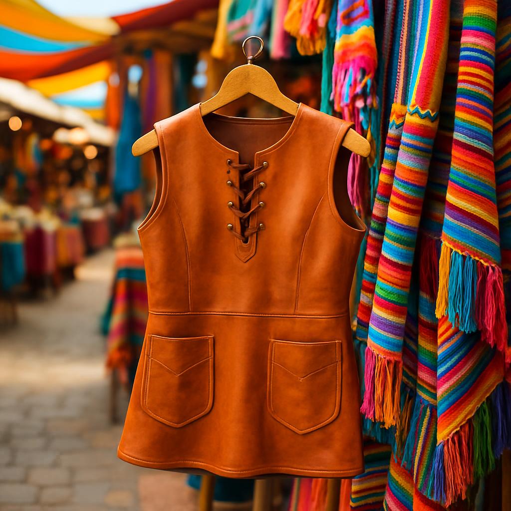 Leather ladies top next to vibrant Mexican market clothing, light wood hanger, outdoor background indoors.